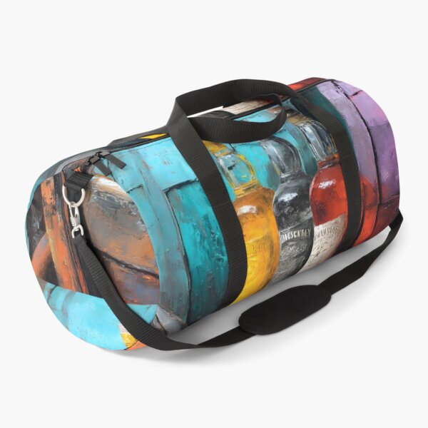 Item preview, Aged Whiskey Bottles with Rustic Wheel and Colorful Barrels - Turquoise and Purple Hues in a Vintage designed and sold by OlfactoART Studio.