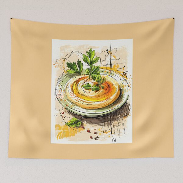 Item preview, Vibrant Hummus Plate Garnished with Fresh Parsley Olive Oil and Spices - Dynamic Lines and Colors designed and sold by OlfactoART Studio.