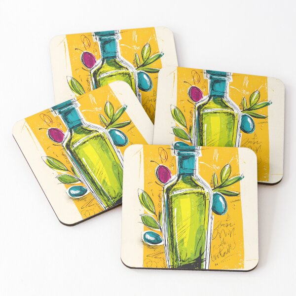 Item preview, Artistic Olive Oil Bottle with Colorful Olives and Leaves - Bold Yellow Kitchen Art for Foodies designed and sold by OlfactoART Studio.