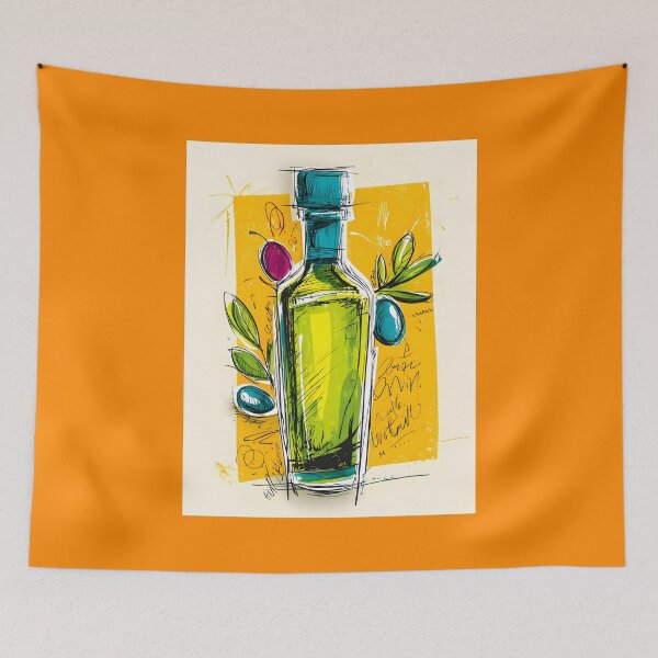 Item preview, Artistic Olive Oil Bottle with Colorful Olives and Leaves - Bold Yellow Kitchen Art for Foodies designed and sold by OlfactoART Studio.