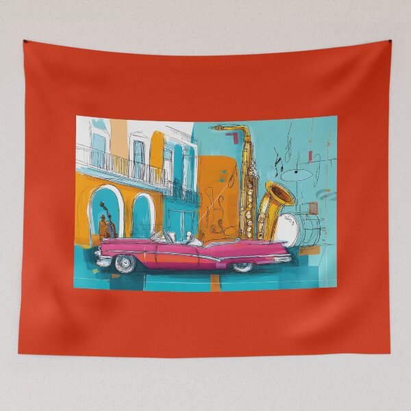 Item preview, Celebrate Havana's Rhythm - Pink Convertible and Giant Saxophone in a Colorful Urban Dance designed and sold by OlfactoART Studio.