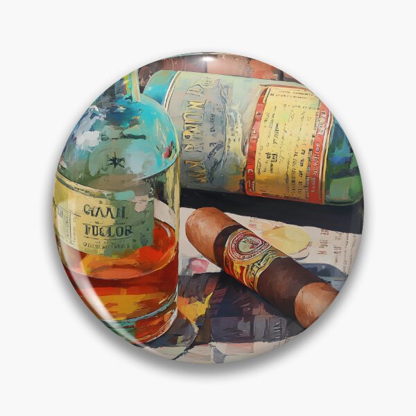 Artikelvorschau, Whiskyflaschen und Zigarre auf rustikalem Fass – Kräftige Farben kontrastieren mit dem zeitlosen Charme von altem Holz entworfen und verkauft von OlfactoART Studio.
