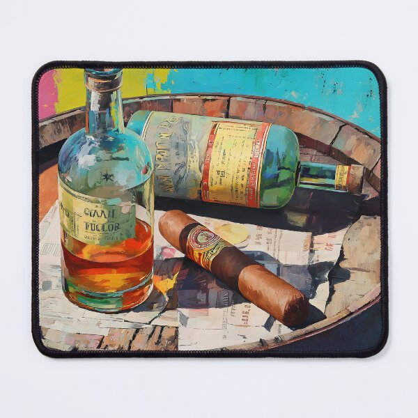 Item preview, Whiskey Bottles and Cigar on Rustic Barrel - Vibrant Colors Contrast with Timeless Charm of Old Wood designed and sold by OlfactoART Studio.