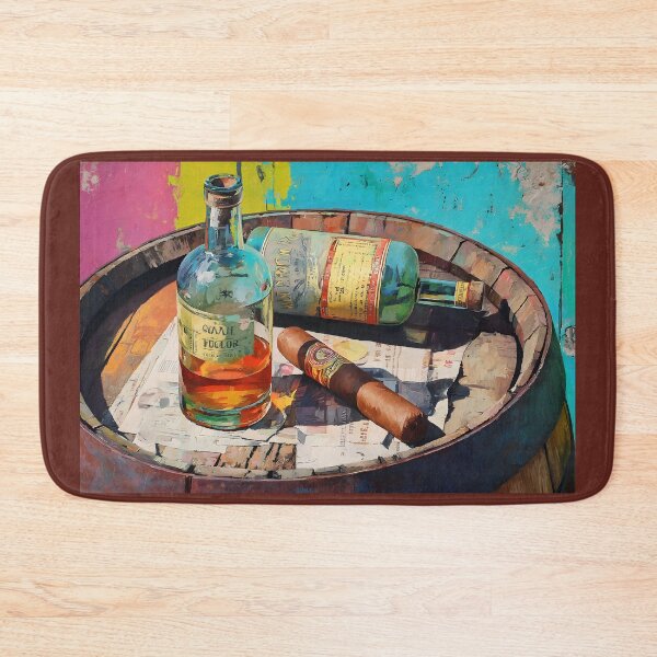 Item preview, Whiskey Bottles and Cigar on Rustic Barrel - Vibrant Colors Contrast with Timeless Charm of Old Wood designed and sold by OlfactoART Studio.