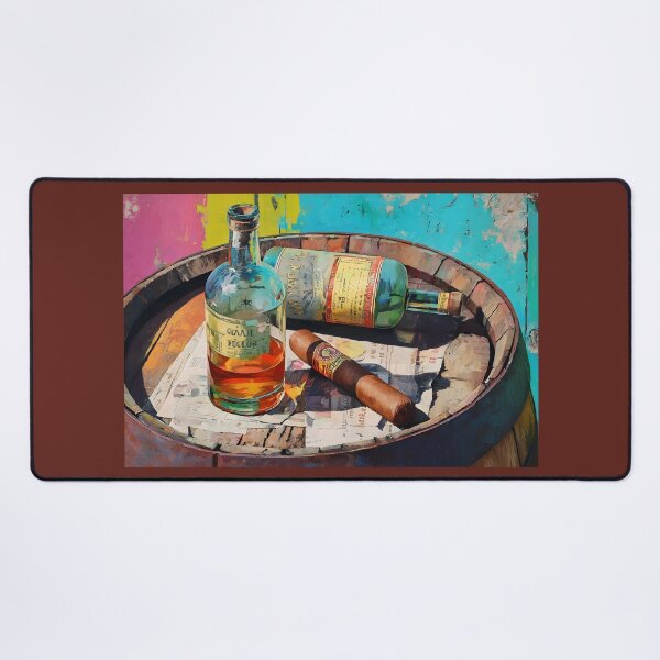 Item preview, Whiskey Bottles and Cigar on Rustic Barrel - Vibrant Colors Contrast with Timeless Charm of Old Wood designed and sold by OlfactoART Studio.