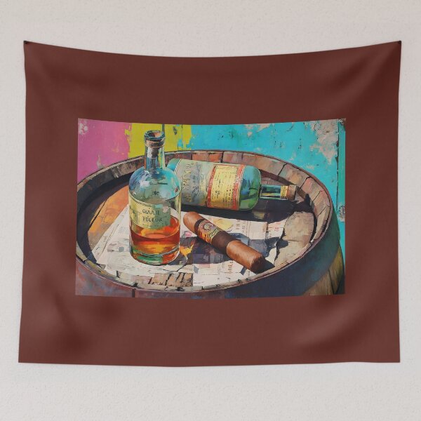 Item preview, Whiskey Bottles and Cigar on Rustic Barrel - Vibrant Colors Contrast with Timeless Charm of Old Wood designed and sold by OlfactoART Studio.