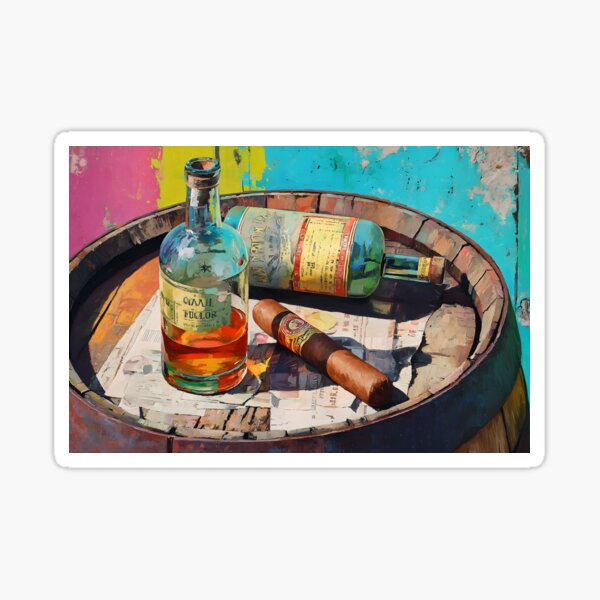 Item preview, Whiskey Bottles and Cigar on Rustic Barrel - Vibrant Colors Contrast with Timeless Charm of Old Wood designed and sold by OlfactoART Studio.
