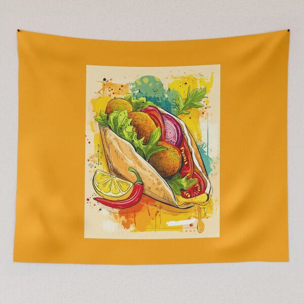 Item preview, Stuffed Falafel Pita Wrapped in Color with Fresh Veggies, Lemon Wedge, and Fiery Chili Flair designed and sold by OlfactoART Studio.
