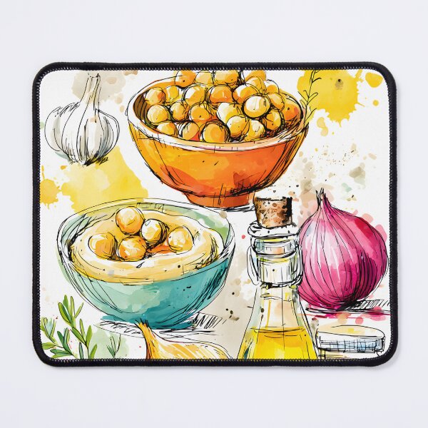 Item preview, Mediterranean Ingredients Burst to Life - Chickpeas Olive Oil Garlic Onions and Lemon in Vibrant Art designed and sold by OlfactoART Studio.