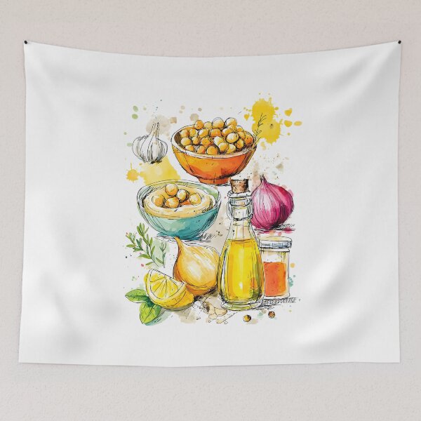 Item preview, Mediterranean Ingredients Burst to Life - Chickpeas Olive Oil Garlic Onions and Lemon in Vibrant Art designed and sold by OlfactoART Studio.