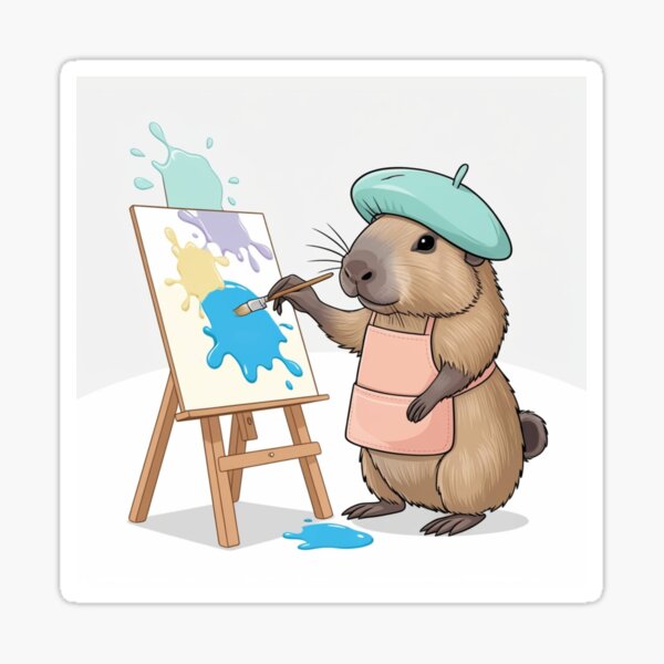 Aperçu de l'œuvre Capybara, petit artiste – Illustration pastel mignonne pour décoration et cadeaux pour enfants créée et vendue par Isalumw.