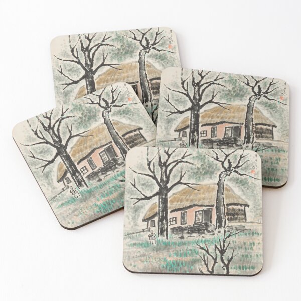 Item preview, Korean Traditional Thatched House Landscape Vintage Folk Art Print Scenery from old Korea designed and sold by allpalgo.