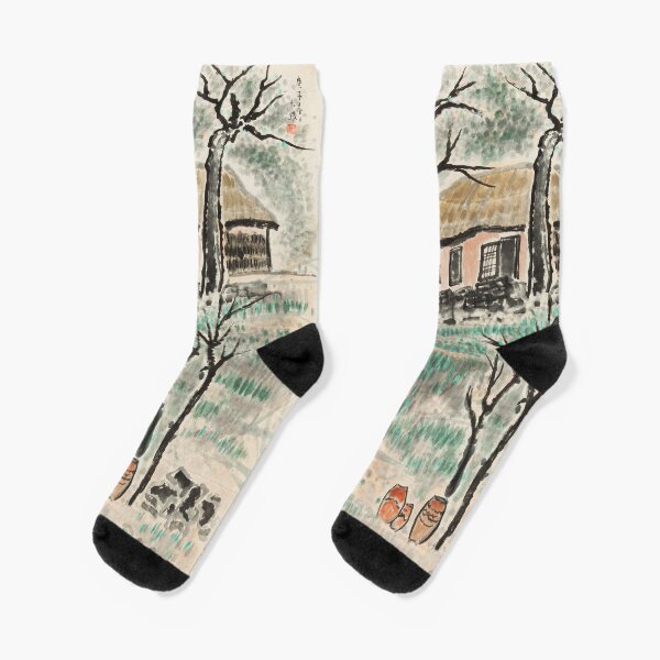 Item preview, Korean Traditional Thatched House Landscape Vintage Folk Art Print Scenery from old Korea designed and sold by allpalgo.