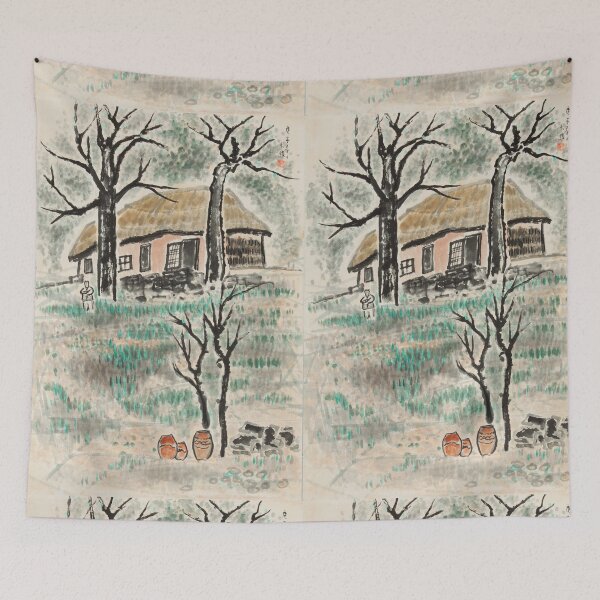 Item preview, Korean Traditional Thatched House Landscape Vintage Folk Art Print Scenery from old Korea designed and sold by allpalgo.