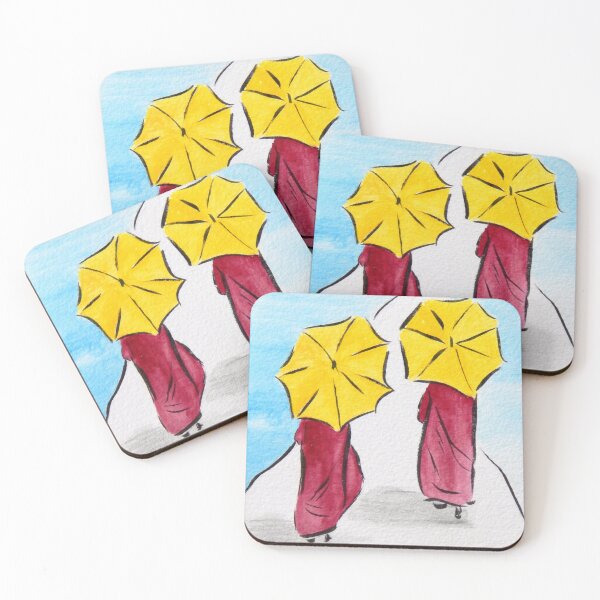 Item preview, Two Monks Walking with Yellow Umbrellas | Buddhist Monks | Minimalist Art designed and sold by AngelaMarieArt.