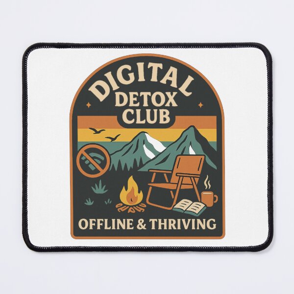Item preview, Digital Detox Club – Cozy Retro Camp Scene with Book, Coffee Mug, No WiFi Symbol & Mountains – Offline & Thriving Artwork designed and sold by Memorph.