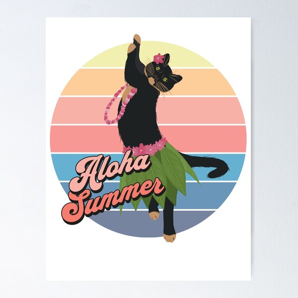 Artikel-Vorschau von Hula-tanzende Katze mit Aloha-Sommertext auf Retro-Sonnenuntergang-Hintergrund, designt und verkauft von HannaArtHeart.