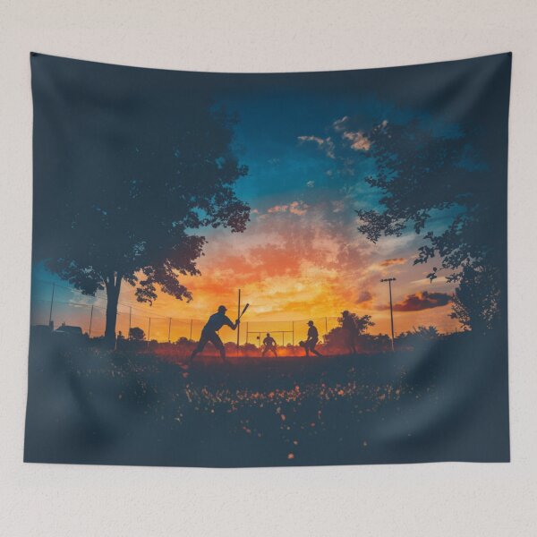 Item preview, Sunset gradient backdrop with baseball players in the field  Active Outdoors Inspired Art designed and sold by CDC40.