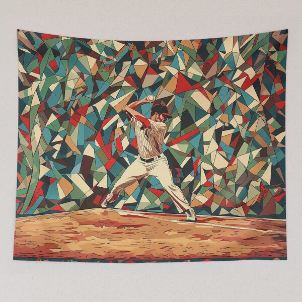 Item preview, Pitcher throwing a fastball amidst geometric patterns  Active Outdoors Inspired Art designed and sold by CDC40.