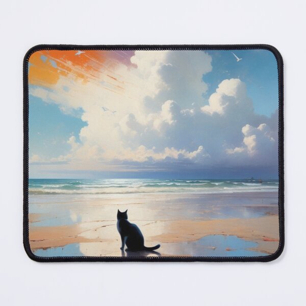 Item preview, Tranquil Black Cat by the Seascape Reflecting Clouds on the Beach designed and sold by Keirnyx.