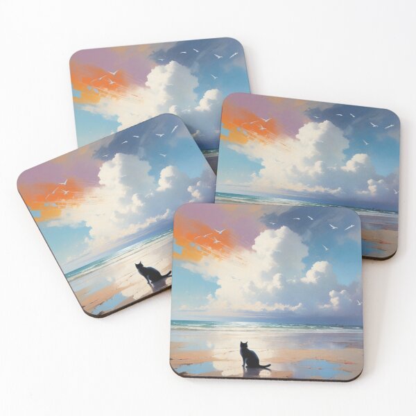 Item preview, Tranquil Black Cat by the Seascape Reflecting Clouds on the Beach designed and sold by Keirnyx.