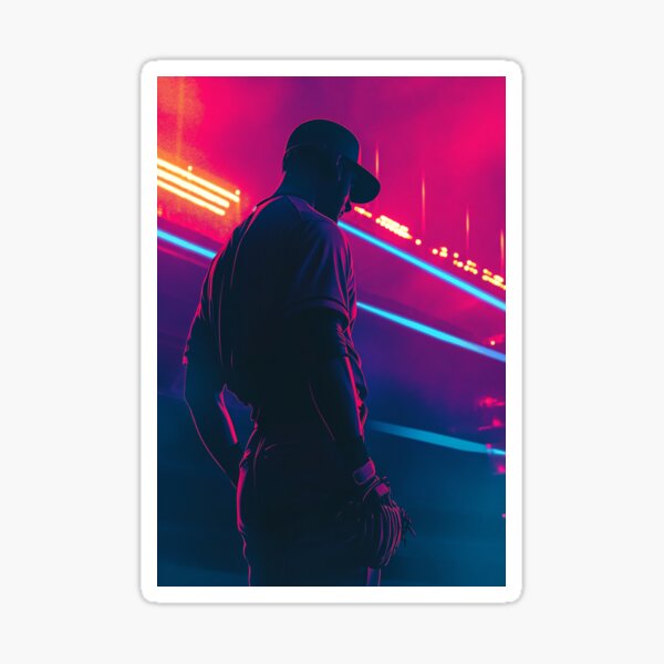 Item preview, Monochrome silhouette of a baseball player against a neon-lit stadium  Active Outdoors Inspired Art designed and sold by CDC40.