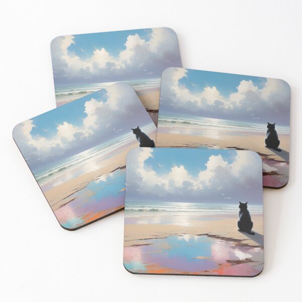 Item preview, Tranquil Black Cat by the Calm Peaceful Seascape Reflecting Clouds on the Beach designed and sold by Keirnyx.