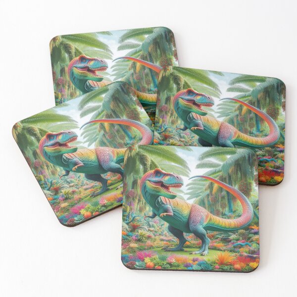 Item preview, Colorful dinosaur in a vibrant fantasy landscape full of flowers & banana trees with ripe fruits designed and sold by FotoworldEdel.
