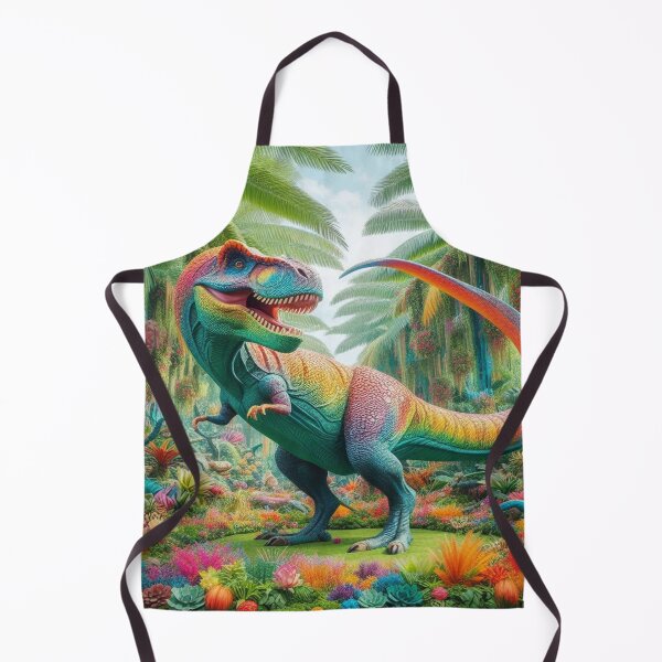 Item preview, Colorful dinosaur in a vibrant fantasy landscape full of flowers & banana trees with ripe fruits designed and sold by FotoworldEdel.