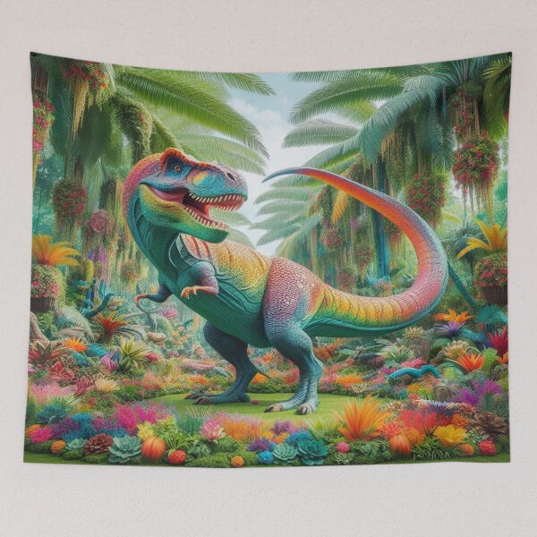 Item preview, Colorful dinosaur in a vibrant fantasy landscape full of flowers & banana trees with ripe fruits designed and sold by FotoworldEdel.