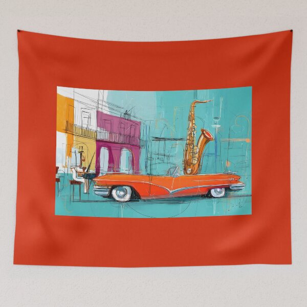 Item preview, Feel Havana's Jazz Pulse - Orange Convertible and Saxophone Set the Rhythm designed and sold by OlfactoART Studio.