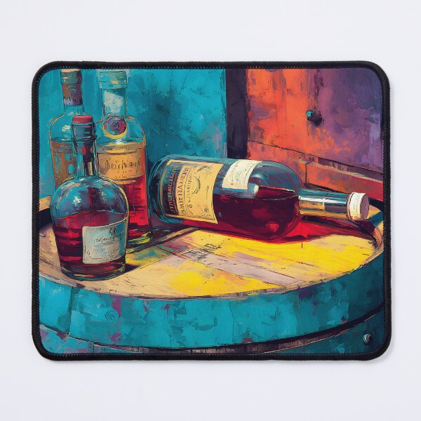 Item preview, Whiskey Bottles in Vibrant Harmony - Colorful Display on Wooden Barrel with Bold Vivid Shades designed and sold by OlfactoART Studio.
