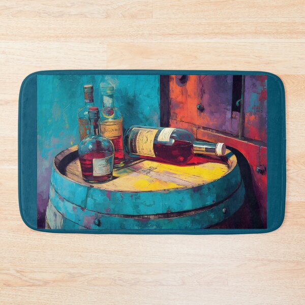 Item preview, Whiskey Bottles in Vibrant Harmony - Colorful Display on Wooden Barrel with Bold Vivid Shades designed and sold by OlfactoART Studio.