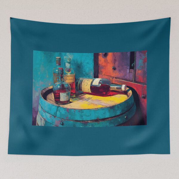 Item preview, Whiskey Bottles in Vibrant Harmony - Colorful Display on Wooden Barrel with Bold Vivid Shades designed and sold by OlfactoART Studio.