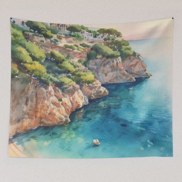 Item preview, Cliffside Calm – Mallorca Coastal Watercolor Print designed and sold by kendellas.
