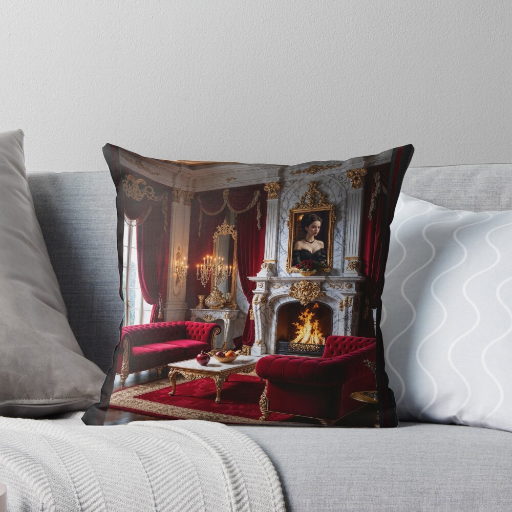 Formal Portrait Of A Woman In An Opulent Interior Over A Fireplace Captivating AI Concept Art by Xzendor7 Decorative Art Print Throw Pillow
