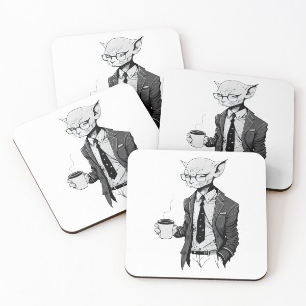Item preview, Devon Rex in Suit with Coffee Line Art Print designed and sold by ShadowAndSlate.