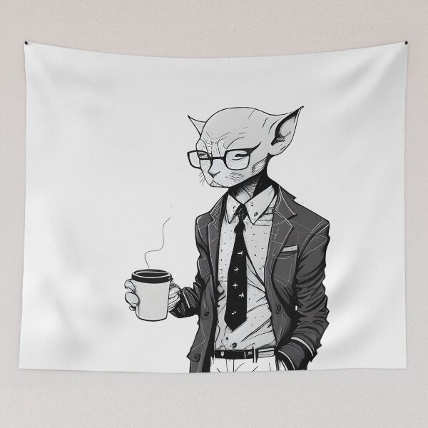 Item preview, Devon Rex in Suit with Coffee Line Art Print designed and sold by ShadowAndSlate.