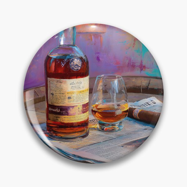 Artikelvorschau, Stillleben aus Whiskyglas und Zigarre auf einem Fass – kräftiger Hintergrund mit Bernsteintönen und alltäglicher Eleganz entworfen und verkauft von OlfactoART Studio.