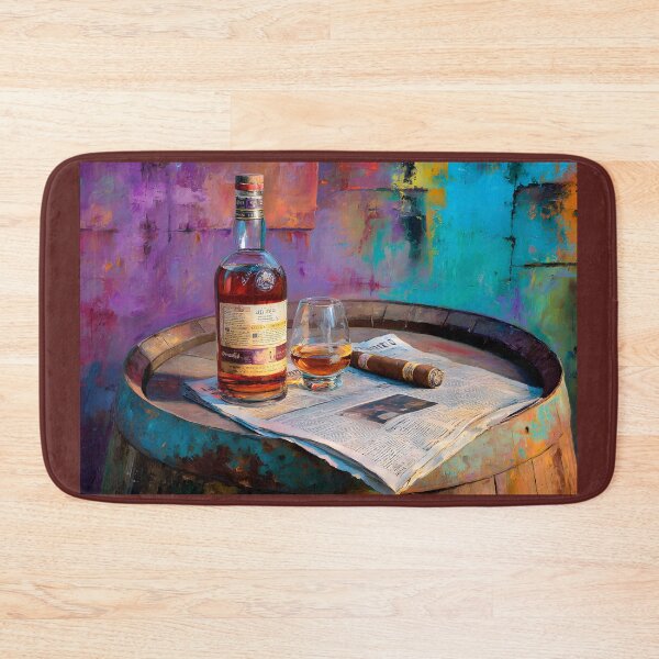 Item preview, Whiskey Glass and Cigar Still Life on Barrel - Bold Backdrop with Amber Tones and Everyday Elegance designed and sold by OlfactoART Studio.