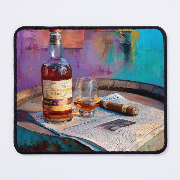 Item preview, Whiskey Glass and Cigar Still Life on Barrel - Bold Backdrop with Amber Tones and Everyday Elegance designed and sold by OlfactoART Studio.