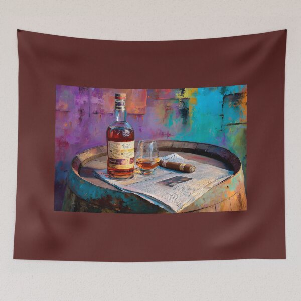 Item preview, Whiskey Glass and Cigar Still Life on Barrel - Bold Backdrop with Amber Tones and Everyday Elegance designed and sold by OlfactoART Studio.