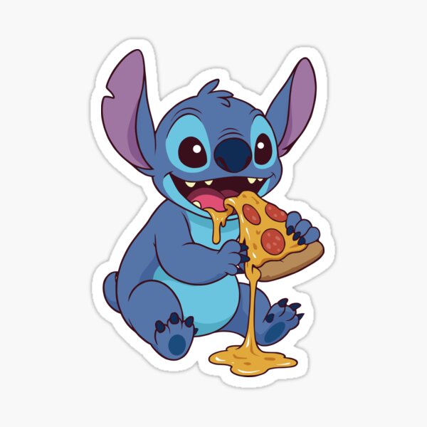 Vista previa del artículo con la obra «El lindo Stitch comiendo pizza», diseñado y vendido por Coinflower.