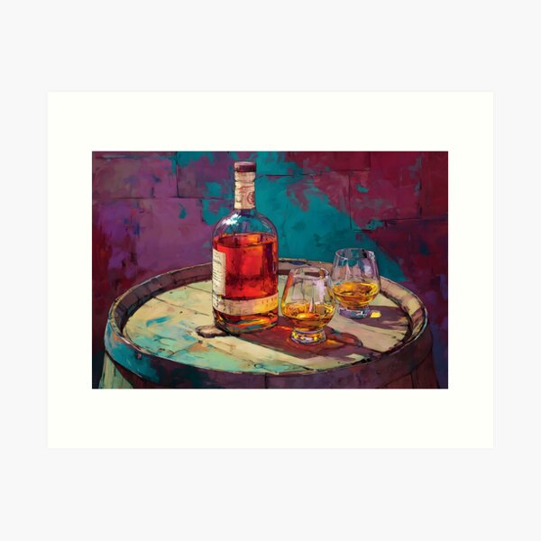Item preview, Amber Whiskey Elegance on Barrel Display - Warm Glow and Rich Shadows in a Vibrant Setting designed and sold by OlfactoART Studio.