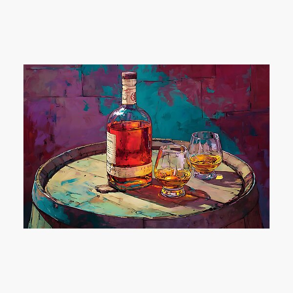 Item preview, Amber Whiskey Elegance on Barrel Display - Warm Glow and Rich Shadows in a Vibrant Setting designed and sold by OlfactoART Studio.