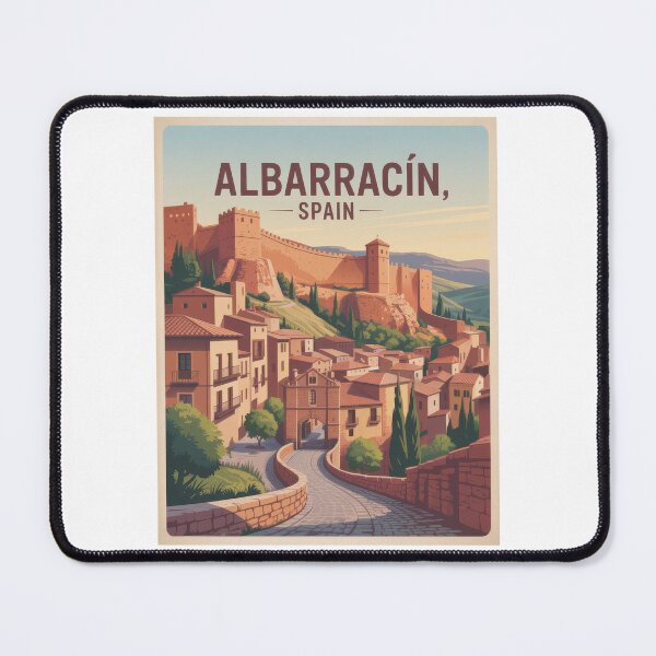 Item preview, Albarracín, Spain – Historic village with city walls in sunlight | Retro vintage travel illustration designed and sold by pod24.