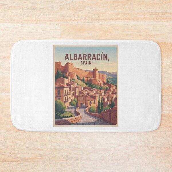 Item preview, Albarracín, Spain – Historic village with city walls in sunlight | Retro vintage travel illustration designed and sold by pod24.