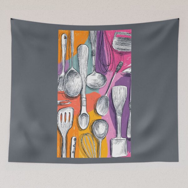 Item preview, Kitchen Utensil Harmony - Whisk, Spoon, and Spatula in Vibrant, Textured Composition designed and sold by OlfactoART Studio.