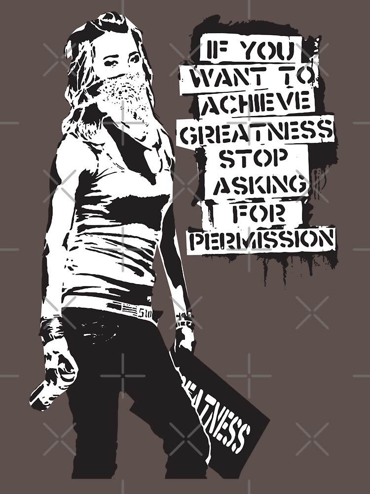 Discover Banksy quote graffiti If You Want to Achieve Greatness stop asking for permission black and white with Banksy tag signature HD | Essential T-Shirt 