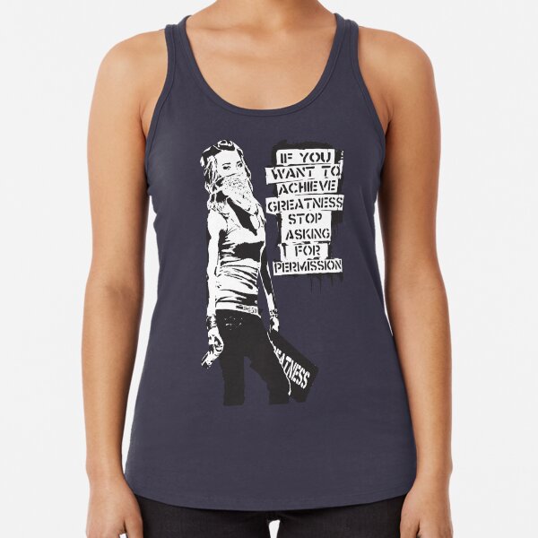Banksy Zitat Graffiti Wenn Sie Größe erreichen möchten, fragen Sie nicht mehr nach der Erlaubnis Schwarzweiß mit Banksy-Tag-Signatur Racerback Tank Top